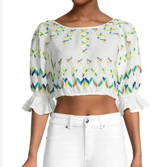 All Things Mochi | Linen Cotton Embroidered Crop Top Flared Sleeve Size XS - Picture 2 of 13